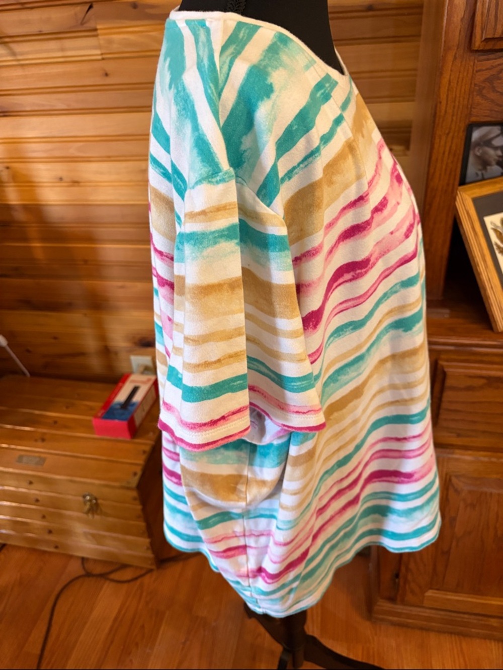 Kim Rogers Striped Short-Sleeve Tee in Teal, Pink & Tan - Picture 4 of 5